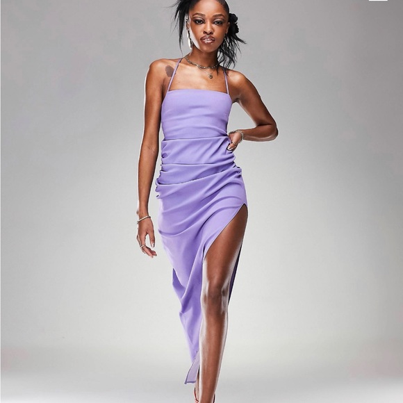 ASOS DESIGN structured strappy maxi dress with thigh split detail in lilac - Picture 1 of 7